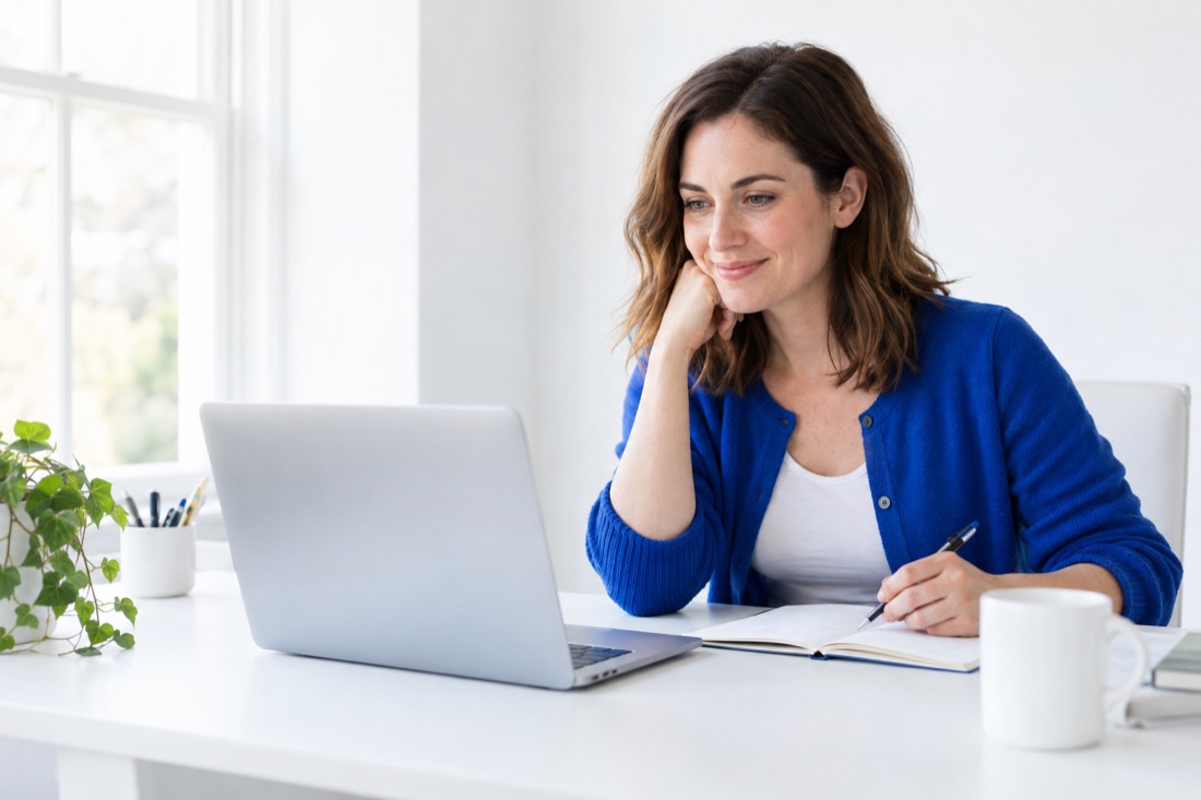 A woman at a bright desk using her laptop and notebook